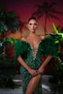 Off shoulders green feathered gown